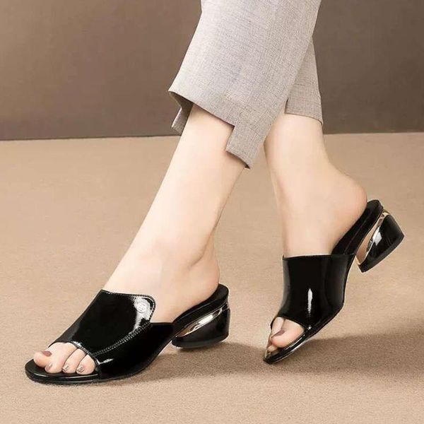 

slippers women summer design sandals females pu leather thick heels peep toe thin soled slides ladies leisure elegant shoes, Black