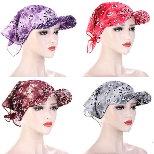 

women cotton head scarf visor hat with wide brim sunhat summer beach uv protection sun hats female casual printed flower, Blue;gray