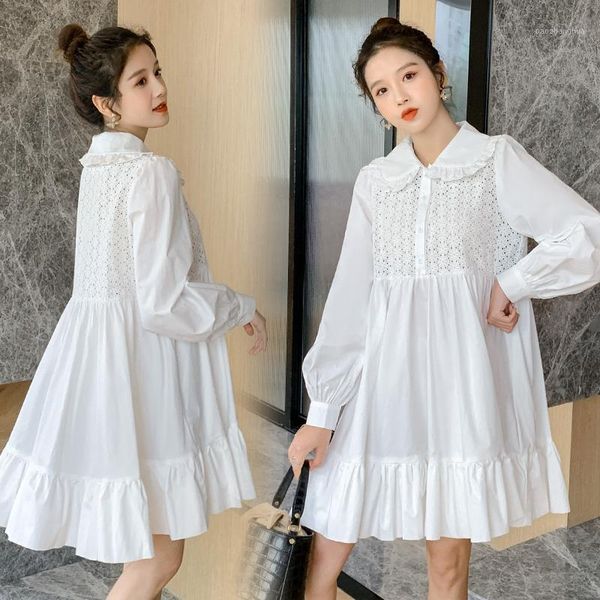 

801# maternity dress turn down collar spring autumn lace cotton long sleeves loose stylish pregnant women mom dresses1, White
