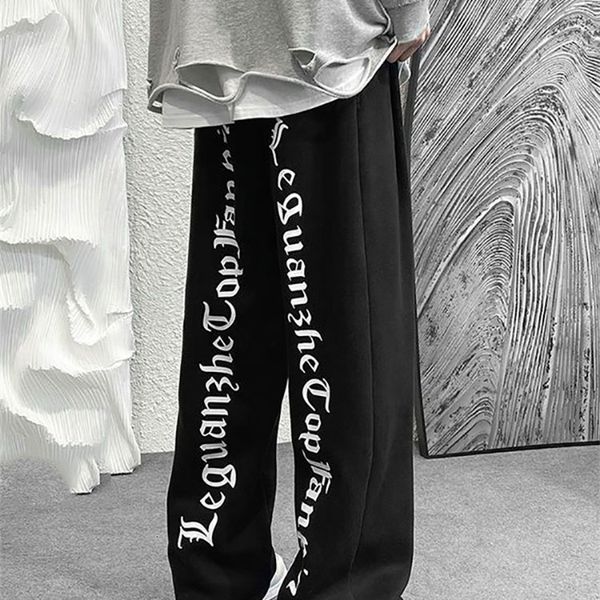 

sanskrit print trousers men women trendy sweatpants hiphop high street casual pants 2022ss korean straight tube closed leggings, Black