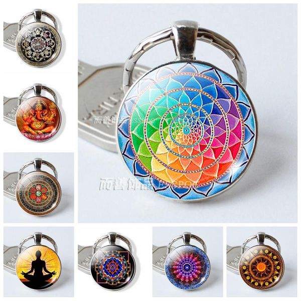 

keychains fashion round cabochon image flower mandala yoga symbol glass pendant key ring keychain jewelry keying accessories creative gift, Silver