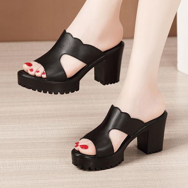 

slippers heel platform women wedding shoes summer 2021 leather high heels slides ladies slipper, Black