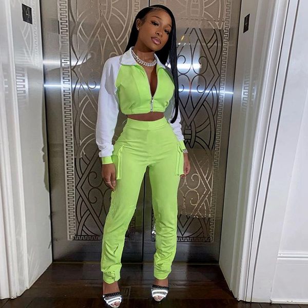 

women's two piece pants patchwork set zip long sleeve crop cargo women fall outfits tracksuit sporty wear matching sets, White