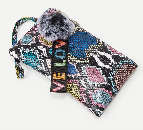 

exquisite snake pattern pu cash coin purse bag change pouch classic wallet with handle fur ball pendants, White