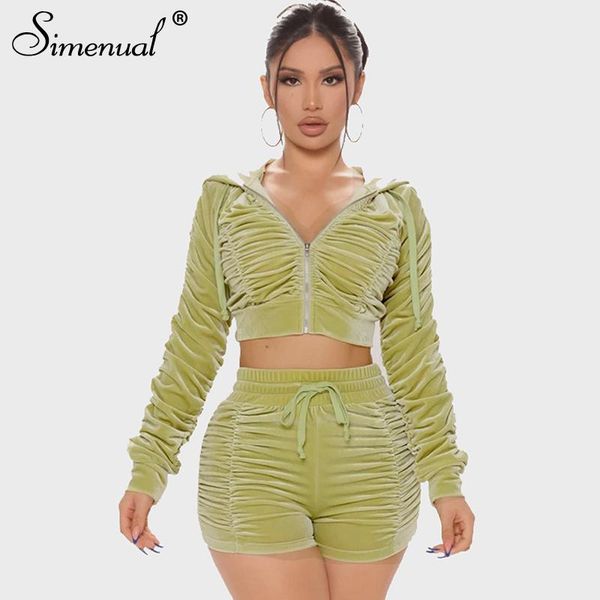 

women's tracksuits simenual velour ruching long sleeve zipper hoodie and shorts loungewear sets casual fall winter 2021 2 piece outfits, Gray