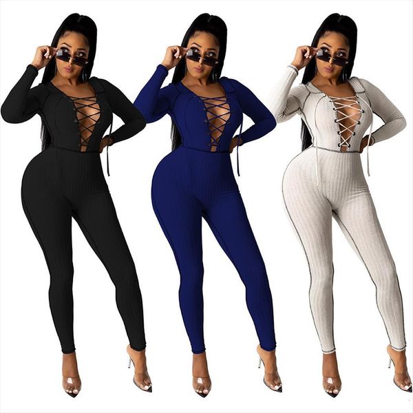 

autumn knit ribbed v neck womens romper grommet lace up long sleeve striped pencil legs bodycon outfits club wear, Black;white