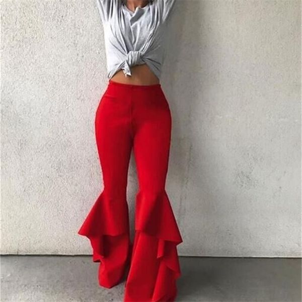 

hippie women enthusiastic red ruffles slim flare pants elastic bottom fashion summer wide leg trouser elegant clothing 210517, Black;white