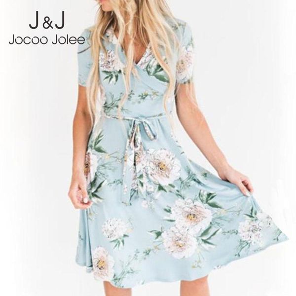 

jocoo jolee elegant short sleeve belted slim midi dress bohemian floral print v-neck a line dress casual summer beach sundress 210518, Black;gray