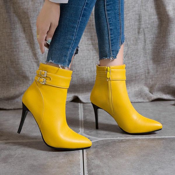 

boots short women's autumn and winter pointed thin heel belt buckle waterproof platform high, Black