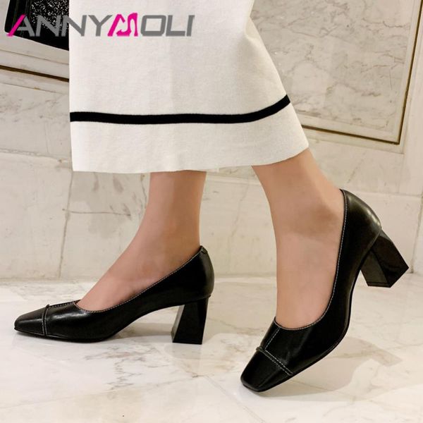 

dress shoes annymoli high heels women pumps natural genuine leather block work real square toe ladies size 39, Black