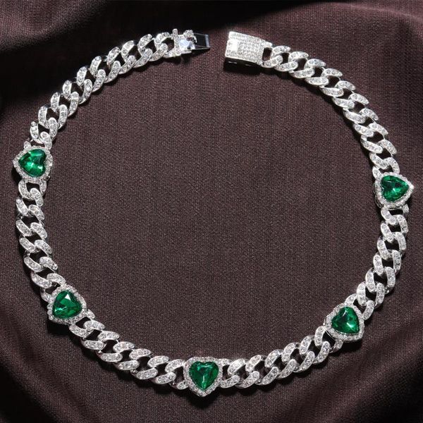 

chains 13mm full prong green heart hiphop necklace for women miami rhinestone mens grunge iced out jewelry rapper male, Silver