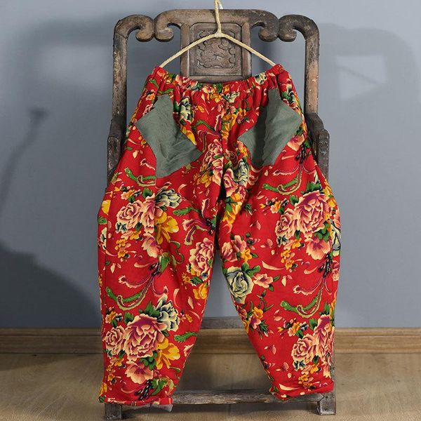 

women's pants & capris women loose printed elastic waist patchwork ladies vintage warm padded female print trousers 2021, Black;white