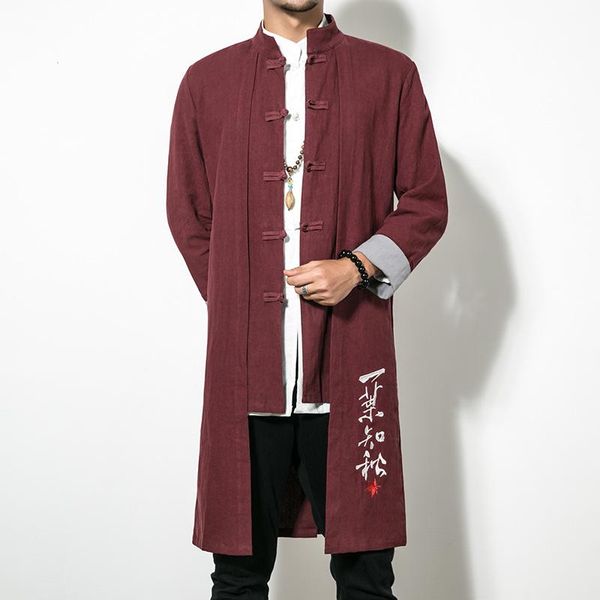 

ethnic clothing asian traditional men chinese style embroidered jackets 2021 autumn cotton linen long robe women zen hanfu tang suit co, Red