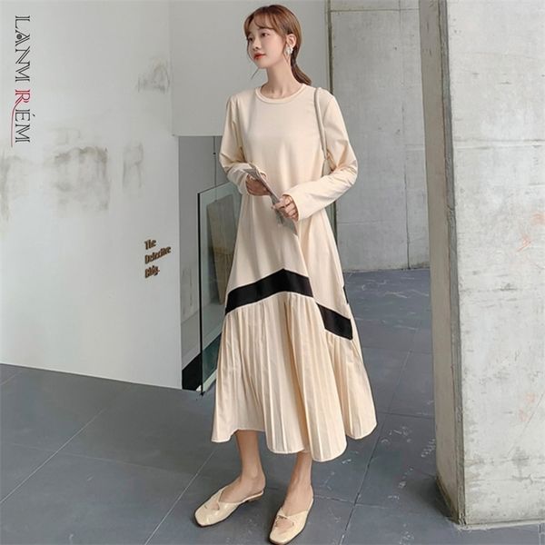 

spring line pattern pleated round-neck short sleeve korean style casual mid-calf length dress for women 2a3009 210526, Black;gray