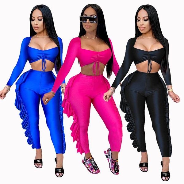 

women's two piece pants autumn winter long sleeve women clothing open back personalized pleated solid color suit female plus size sets, White