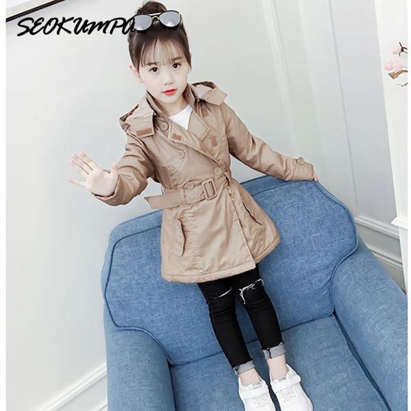 

girls trench coats detachable hooded windbreaker autumn winter fashion medium long belt girl jacket teenager 4-11t outerwear coat, Blue;gray