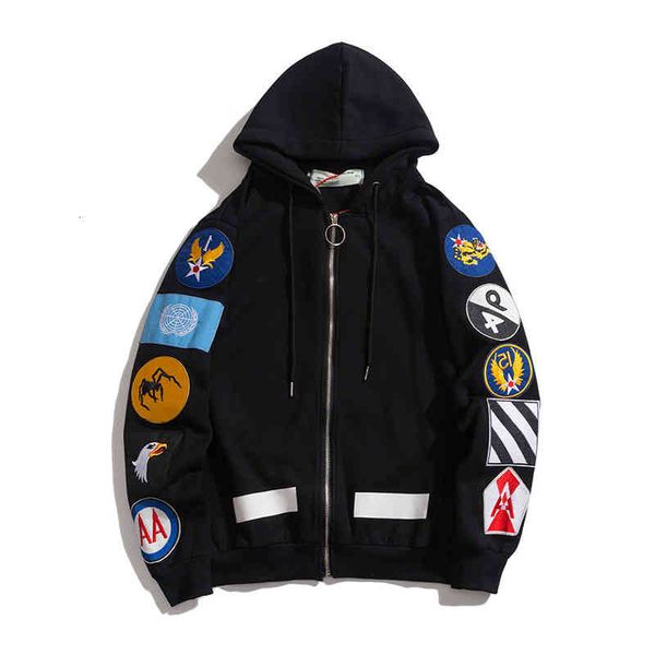 

off autumn winter new and badge hooded sweater men's hip hop loose couple's cardigan jacket women's bf style student trend, Black