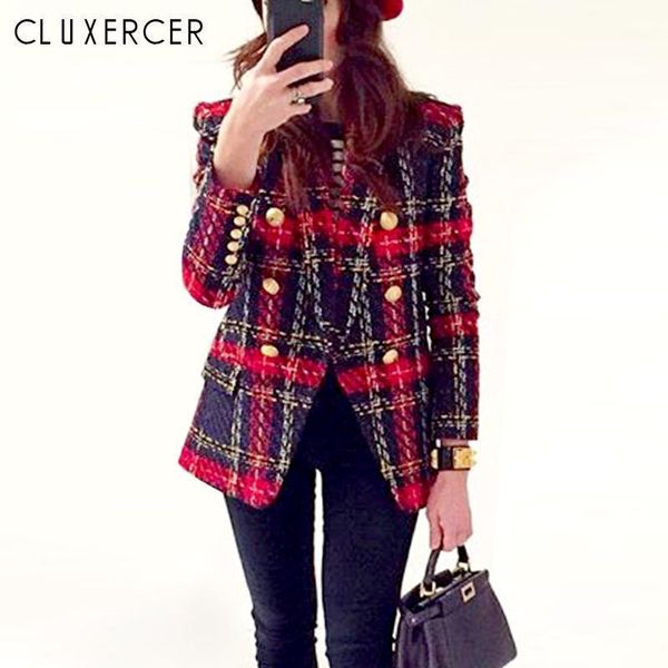 

women's suits & blazers women elegant red plaid tweed blazer 2021 vintage double breasted slim ladies coat female outerwear, White;black