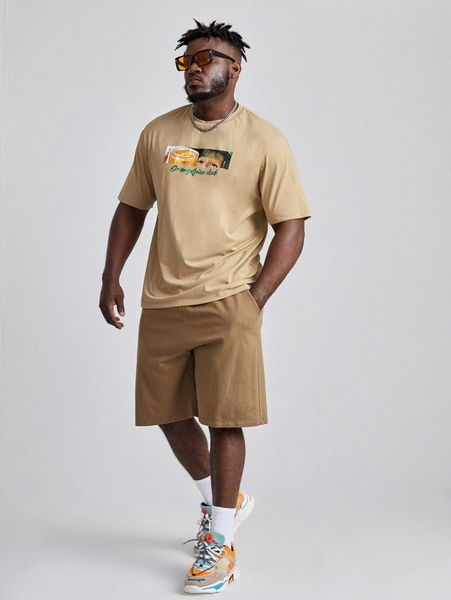 

men letter and figure graphic tee & shorts g89r#, Gray