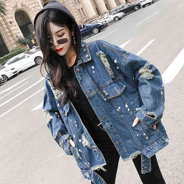 

women's jackets autumn fresh sequins ripped hole with hood denim female coat streetwear unique breasted blue jacket jeans m-2xl znvt, Black;brown