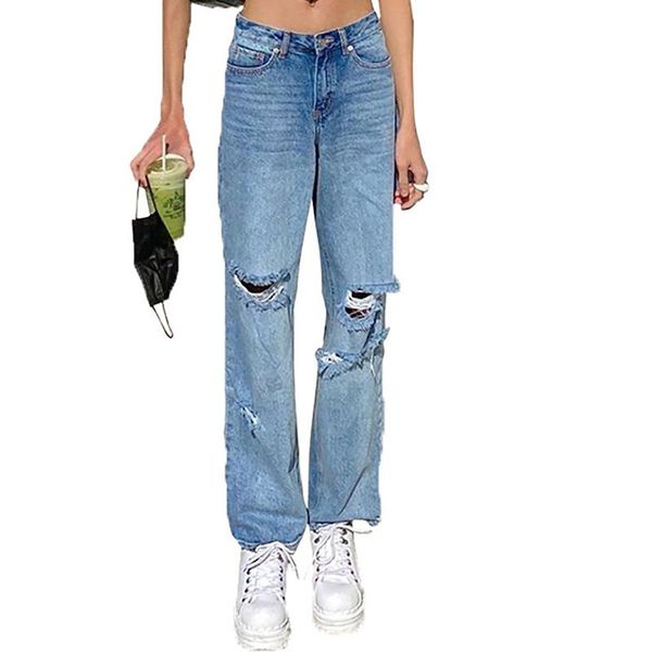 

women's jeans ladies vintage high waist straight button pocket trousers loose bagge ripped mom denim pants, Blue