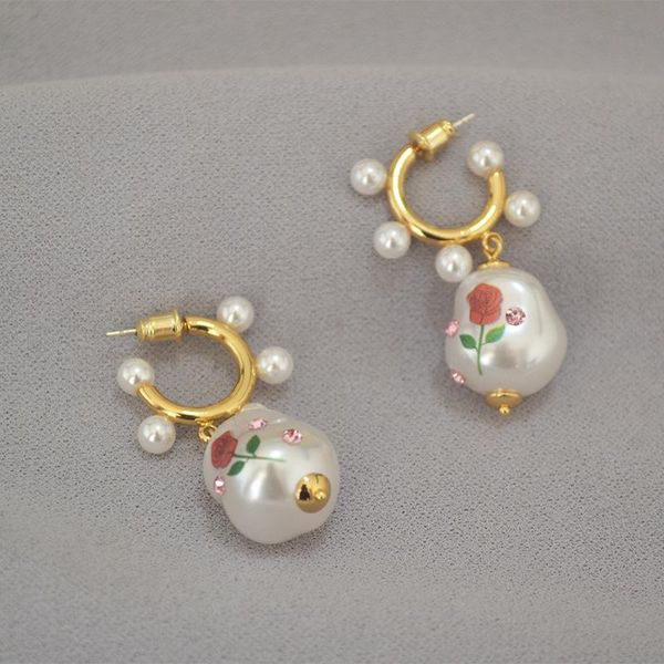 

dangle & chandelier french retro irregular baroque imitation pearl rose printed earrings, Silver