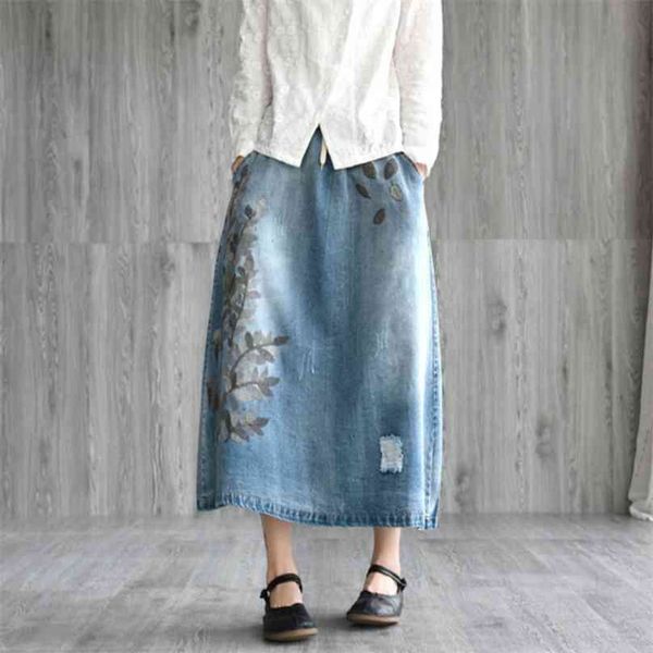 

johnature casual literary embroidery drawstring denim skirt spring summer loose wild a-line long female 210629, Black