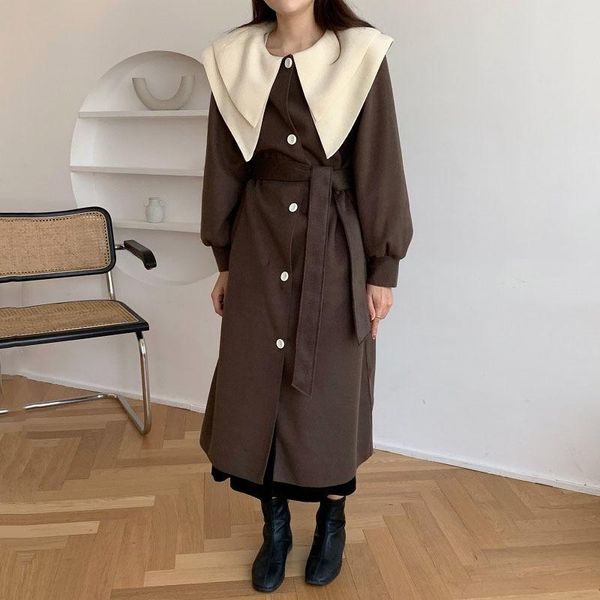 

women's wool & blends [ewq] contrast medium long woolen overcoat women autumn winter 2021 loose double-layer lapel single breasted coat, Black