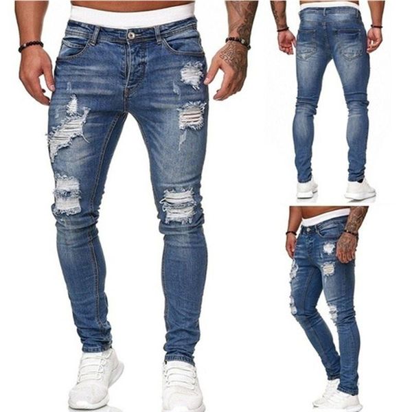 

men's jeans shzq men's sweatpants hole pants casual summer autumn male ripped skinny trousers slim biker outwears harajuku, Blue