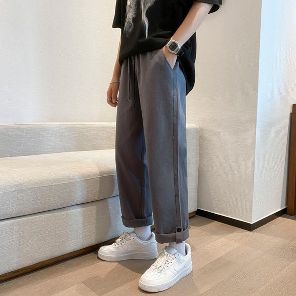

pants straight solid color 2021 men's with button drawstring overalls spring summer simple loose sport hip hop, Black
