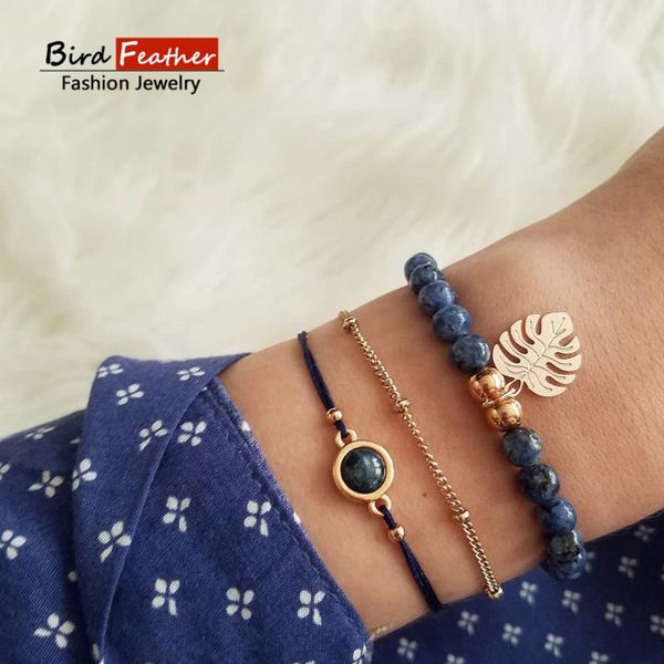 

link, chain gold color bohemian handmade weave leaf black beads bracelet sets women 2021 rope bracelets retro jewelry accessories