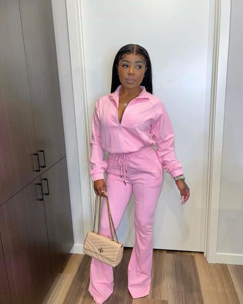 

women's two piece pants 2021 autumn ladies fall fashion casual sports long sleeve solid color zipper bell bottomstwo set, White