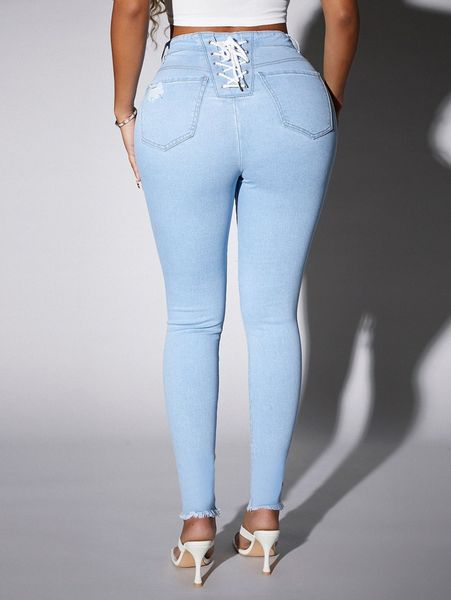 

sxy lace up raw hem skinny jeans o3vn#, Blue