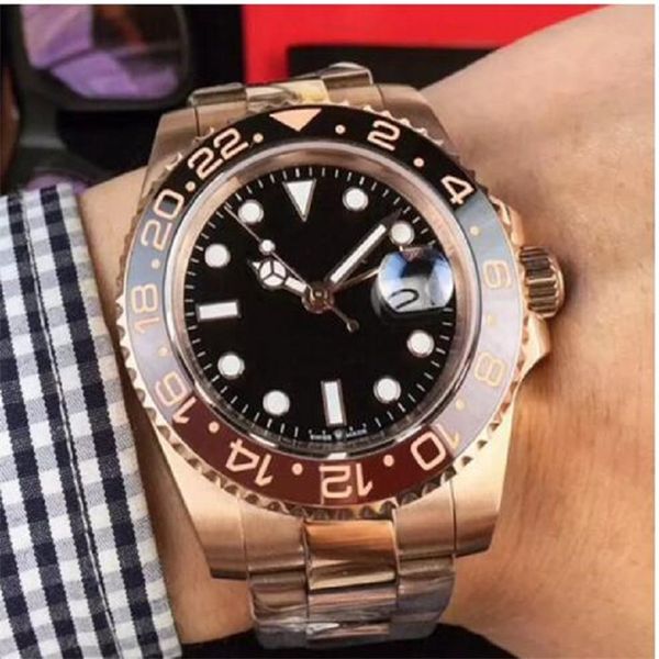 

newly listed v3 version batman gmt2 deluxe watch 40mm ceramic rotating bezel rose gold magnifier automatic movement original clasp, Slivery;brown