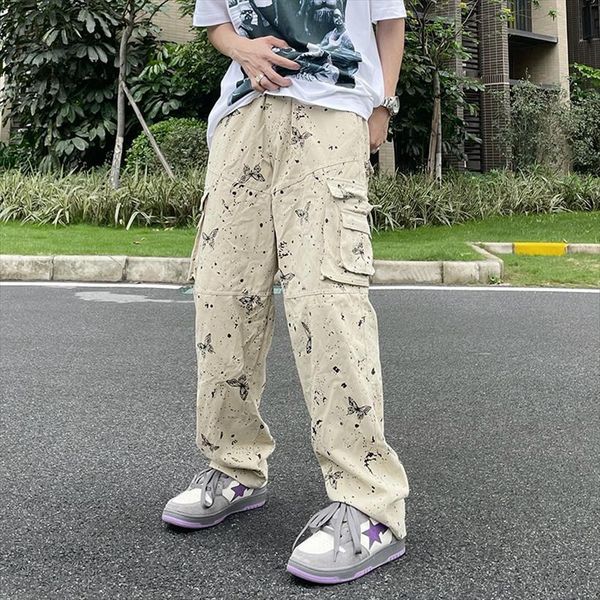 

splashed ink butterfly overalls tie women pant dye pockets straight retro casual mens cargo pants high street baggy oversize trousers, Black