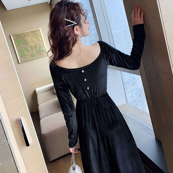 

v-dress casual dresses french black velvet court style mid long dress, Black;gray
