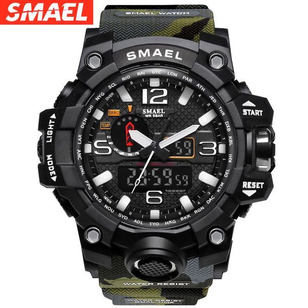 

smael 1545 men sports watches dual display analog digital led electronic quartz wristwatches waterproof swimming military watch japan origin, Slivery;brown