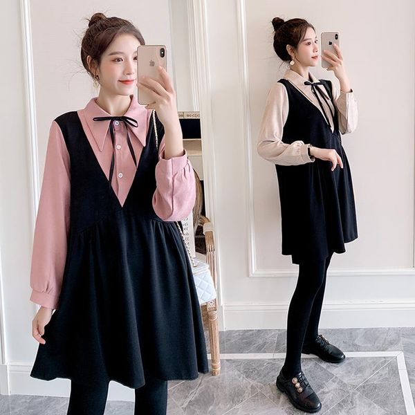 

maternity dresses autumn fashion fake two-piece dress pregnant women winter loose casual nursing clothes plus size cute, White