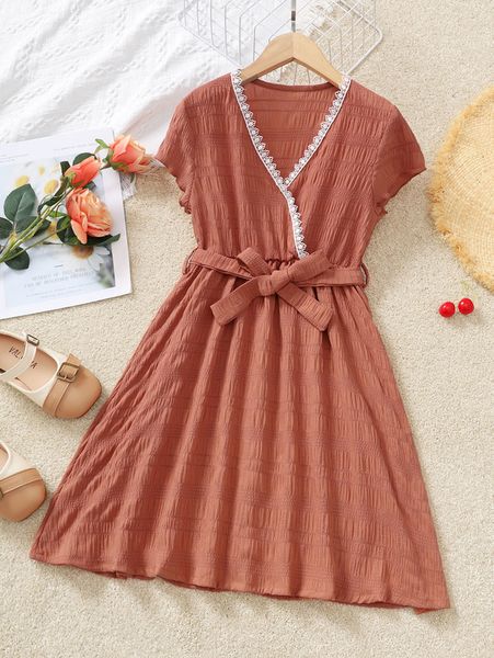 

girls guipure lace insert butterfly sleeve belted dress she, Red;yellow