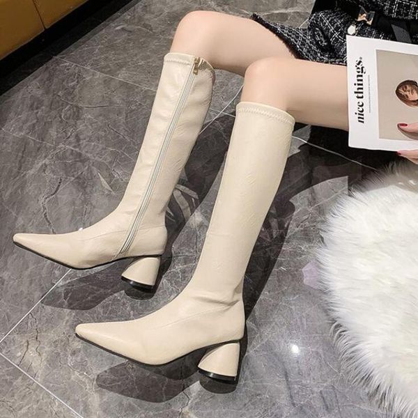 

boots knee-high women shoes woman fashion high-heel pu pointed toe 2021 autumn style comfortable, Black