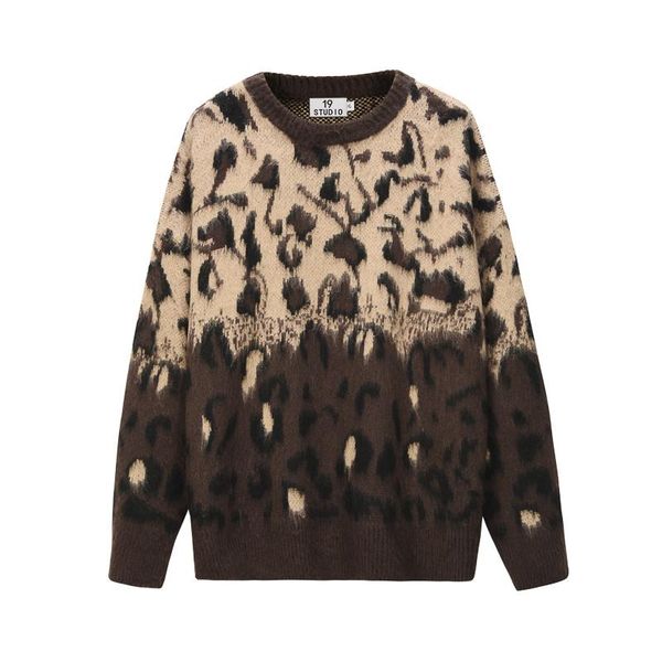 

men's sweaters autumn and winter trend round neck sweater men stitching collision color leopard print retro knitted pullover 2021, White;black