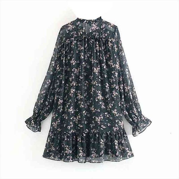 

ruffle bow tie mini floral women dress print chiffon vintage long sleeve casual loose pleated ruffles party vestidos, Black;gray