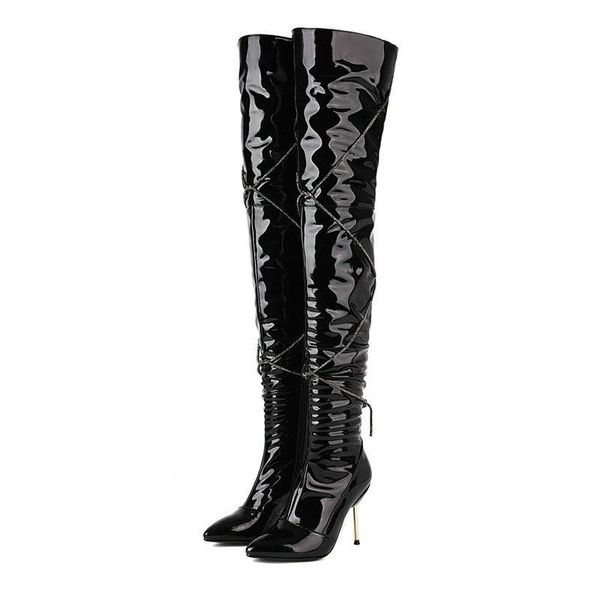 

boots ladies fashion over the knee autumn winter metal decoration zipper long plush lining warm stiletto women shoes, Black