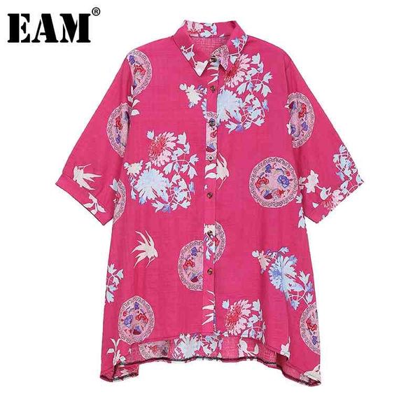 

[eam] women red flower print big size blouse lapel half sleeve loose fit shirt fashion spring summer 1dd7515 210512, White