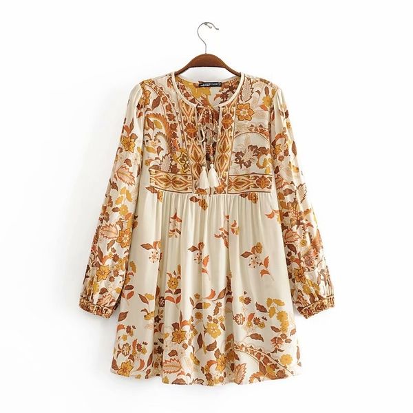 

spring cotton flower print full bohmia o neck shirt women's 210421, White