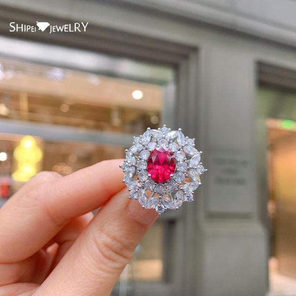

cluster rings shipei 925 sterling silver oval cut ruby created moissanite sapphire emerald wedding party luxury ring for women fine jewelry, Golden;silver