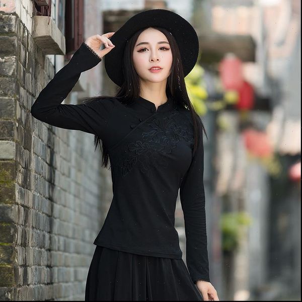 

traditional women blouses chinese clothing autumn spring elegant mandarin collar black red embroidery solid blouse shirt roupa feminina, White