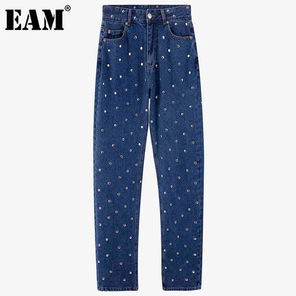 

[eam] high waist blue denim long metal spots wide leg jeans loose women trousers fashion spring autumn 1dd6346 21512