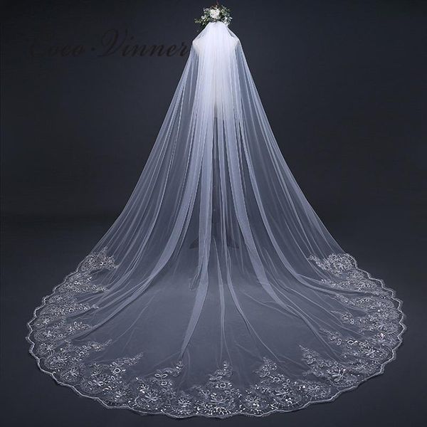 

bridal veils bright sequin lace wedding veil 3 meters long white ivory color pretty a8001, Black