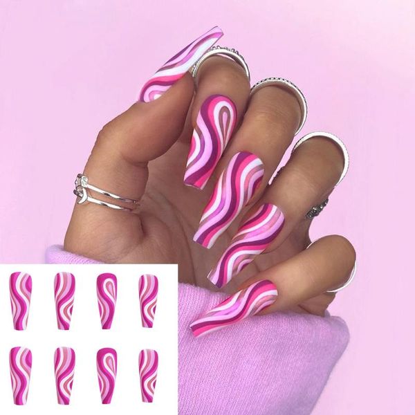 

false nails 24pcs/box long coffin ballerina with colorful wave design wearable fake full cover nail tips manicure tool, Red;gold